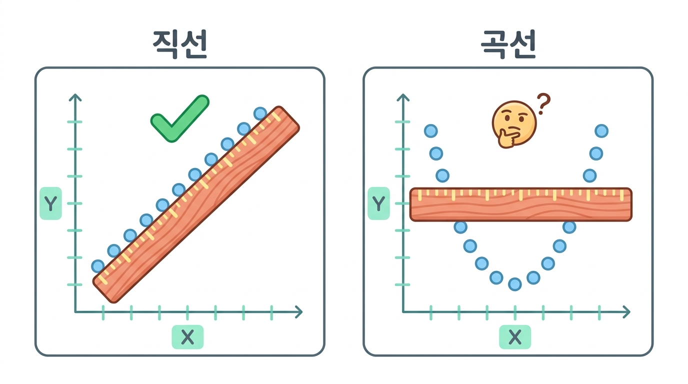 상관계수로는 놓친다 — 곧은 자로 휜 것을 재면