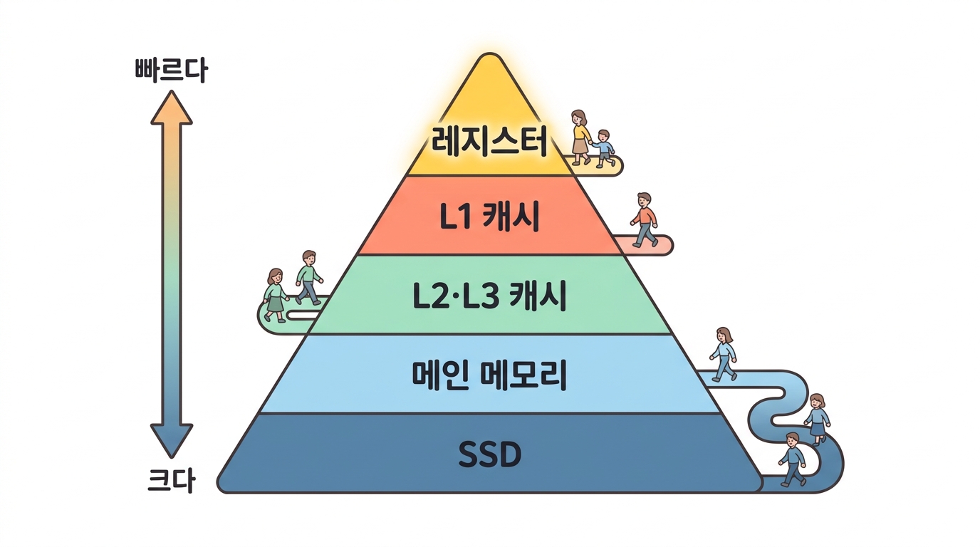 메모리 계층 — 가까울수록 작고 비싸다