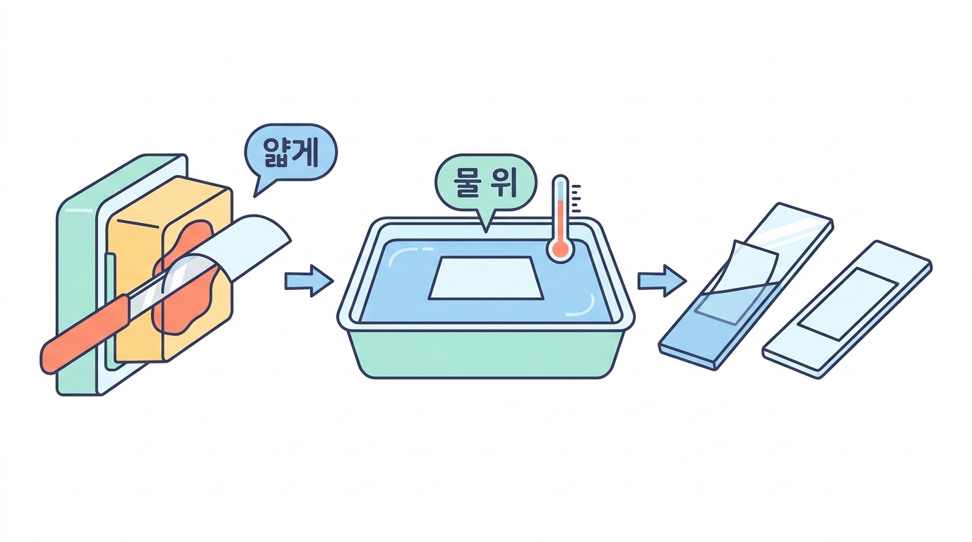 박절 — 5 µm 을 42 °C 물에 띄운다