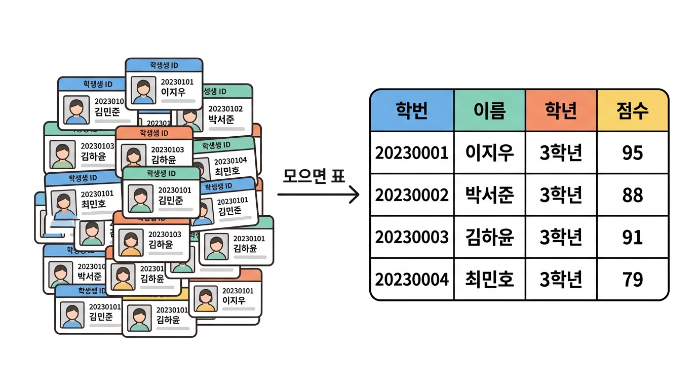 테이블 — 학생증을 모으면 출석부가 된다