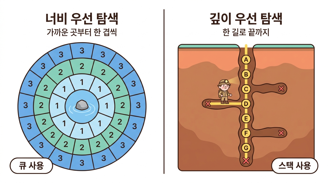 BFS와 DFS — 넓게 퍼질까, 깊게 파고들까