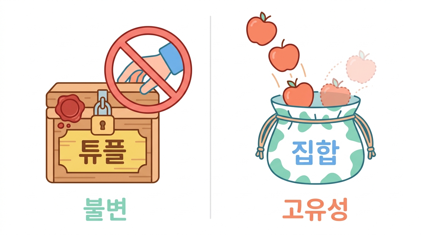 튜플과 집합 — 못 바꾸는 묶음, 중복 없는 주머니