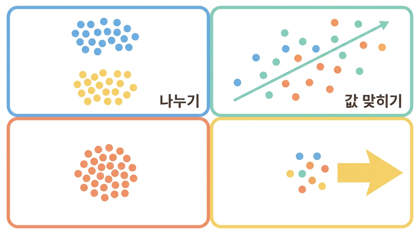 네 가지 일 — 분류 · 회귀 · 군집 · 차원 축소