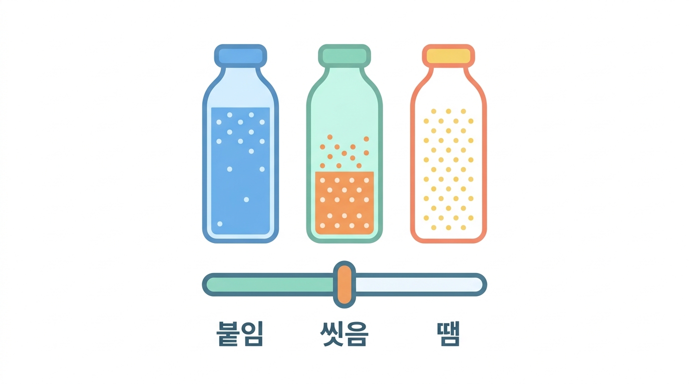 완충액 셋 — 붙이고 · 씻고 · 뗀다