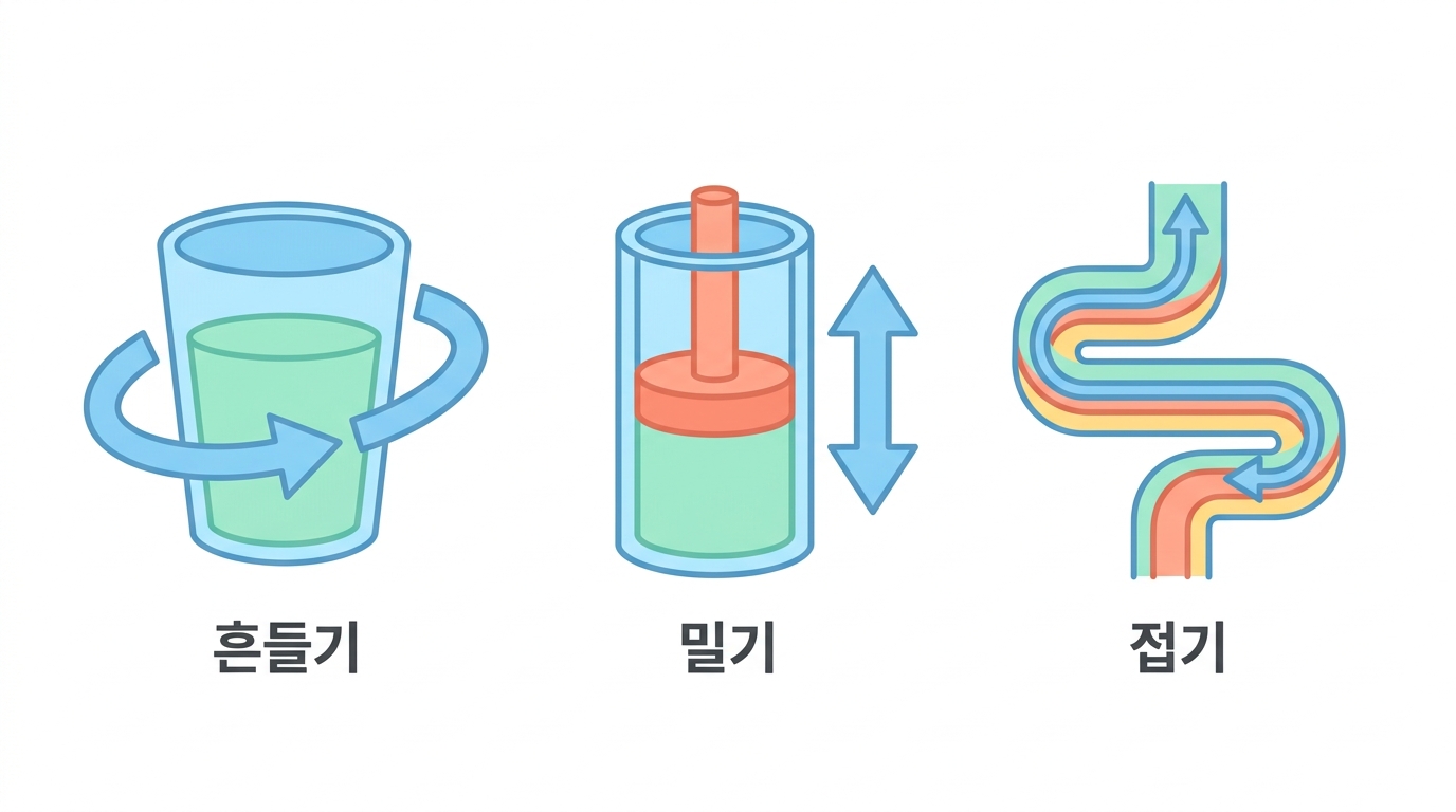 섞기 — 흔들기 · 밀고 당기기 · 접기
