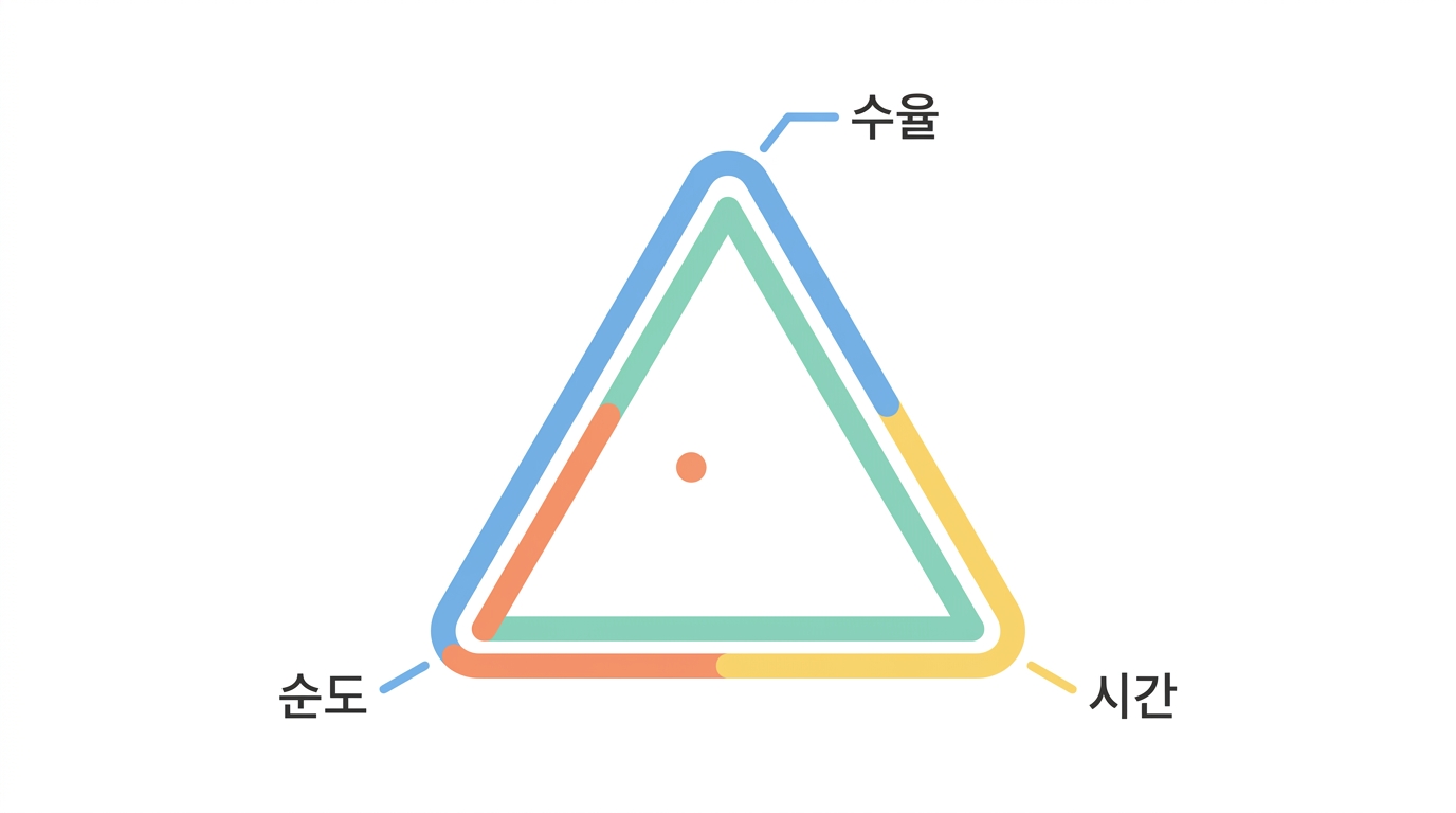 수율 · 순도 · 시간 — 삼각형의 어느 꼭짓점을 잡을 것인가