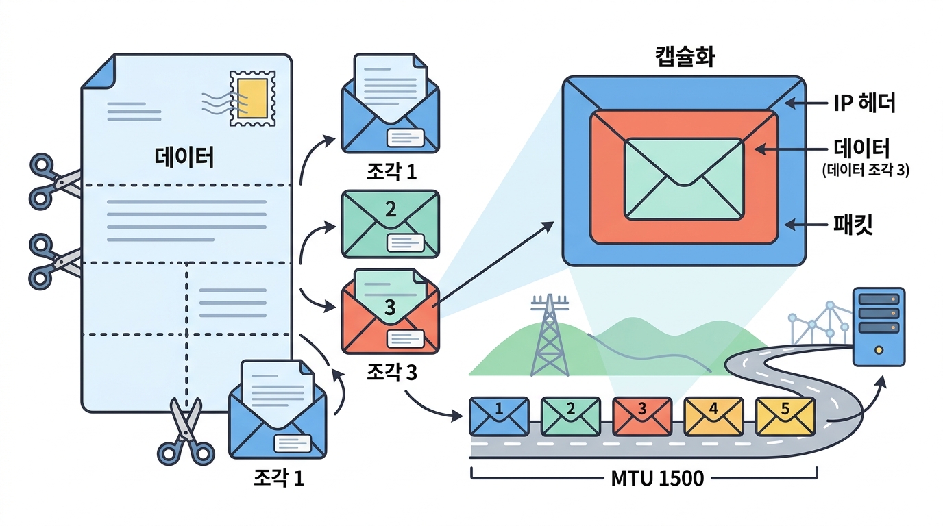 패킷 — 편지를 조각내 봉투에 넣기