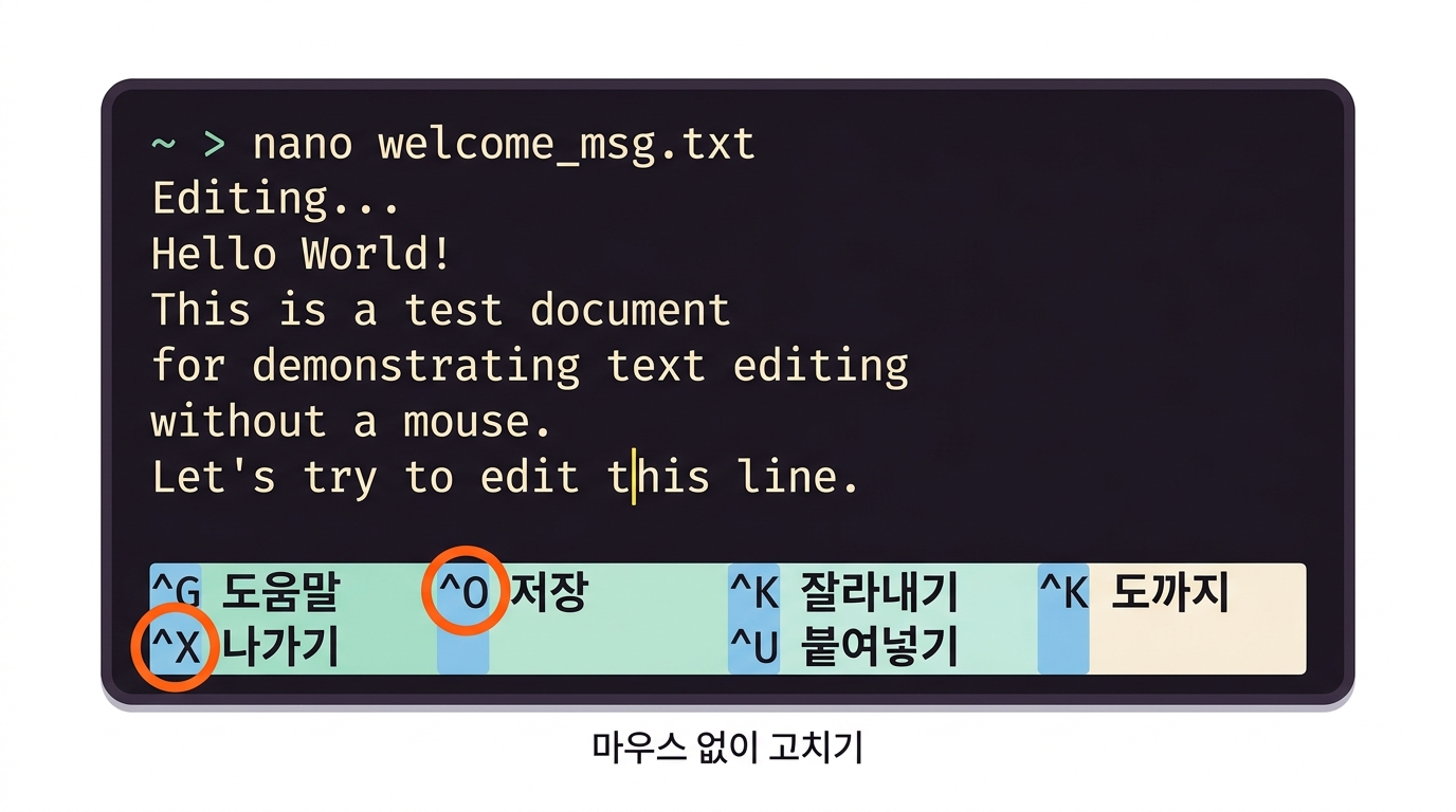 nano — 마우스 없이 글 고치기
