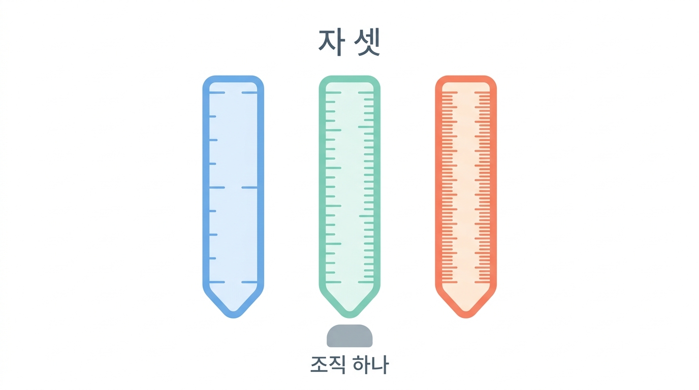 자 세 개를 나란히 댄다