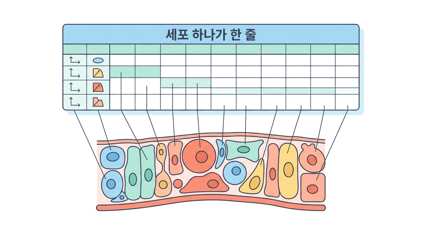 세포 표 — 한 줄이 세포 하나, 그리고 좌표가 붙어 있다
