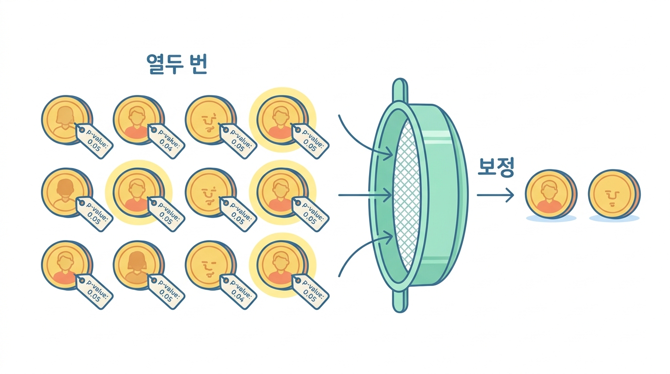 열두 번 검정하면 — 다중검정 보정